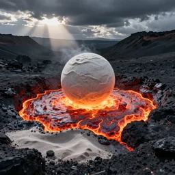 a big puddle filled with glowing lava with a white sand sphere hovering over it
