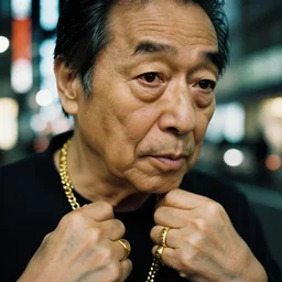 close up, old man in tokyo at night, wearing gold chain, gold rings, cinestill 8 0 0,
