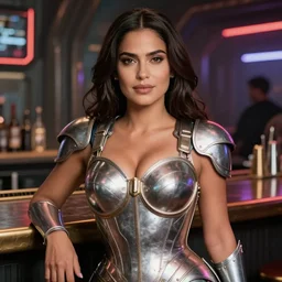 salma hayek in a cyberpunk city bar wearing impractical female armour, perfect proportions, beautiful face, perfect eyes, real life colors, elegant, sharp focus, hyper - realistic, 4 k, highly detailed, hd, dramatic lighting by brom