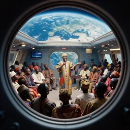 a analogue photo of a Nigerian tribal dj entertaining a crowd on a spaceship, planet earth seen in porthole window, wide angle,--height 704