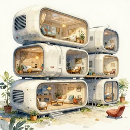 a beautiful illustration of futuristic living quarter, capsule hotel, big medium small, golden ratio, in watercolor gouache detailed paintings, in style of syd mead, trending on artstation, 8 k, panel, hard surface, vent, zaha hadid, props, plant, cozy, decoration around the room, simon stalenhag, deus ex