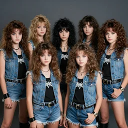 group of 1 9 - year - old girls with shaggy wavy hair, wearing double denim, heavy metal band promo, thrash metal band promo, heavy rock band promo photo, 1 9 8 7 photo