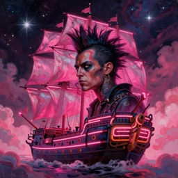 mohawk, portrait big dark punk, space, hyperdetailed illustration, stars, pink, neon, oil painting, rich deep colors masterpiece, pirate neon ship, ultra detailed, contrast, heaven pink, clouds, volumetric light, atmospheric lighting, dramatic, cinematic, moody, octane render 4 k, 8 k