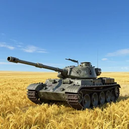 a high resolution very detailed image of russian tank boss fight from nier : automata in yellow rye field under pure blue skies