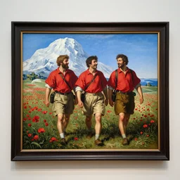 a caravaggio painting masterpiece exposed at the Louvres in paris : 3 adults scouts in a red shirt and beige short walking happy in poppy field with a icy moutain in the background and a blue sky This 4K HD image is Trending on Artstation, featured on Behance, well-rendered, extra crisp