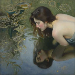 a woman looking at her reflection in an ornate shimmering pond. painting by artgerm and greg rutkowski