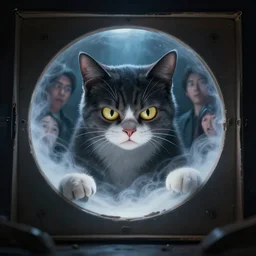 schrodinger's cat plans its revenge, angry, inside its box, looking at us from a porthole, waporware, raytracing, dreamy, sharp focus, cinematic lighting, highly detailed, artstation, divine, by gauthier leblanc, kazuya takahashi, huifeng huang