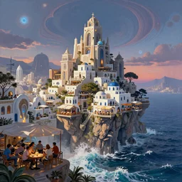 digital painting of an afrofuturist greek city scape with seaside cafes dangling off impossibly tall cliffs and vast waves, trippy fractals, twilight, stunning, cinematic lighting, travel art by greg rutkowski and simon stalenhag, artstation, cinematic, masterpice, insanely detailed, very realistic
