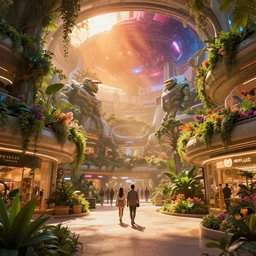 pedestrian view of a sprawling futuristic shopping mall inside a massive space station with overgrown lush gardens, rich vines and verdant flowers. ilm, beeple, star citizen halo, mass effect, 2 0 0 1 space odyssey, elysium, warm saturated colours, atmospheric perspective, dramatic sunset, volumetric light scattering, dustlight, god rays, dust