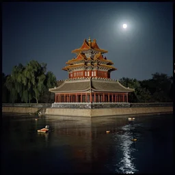 kodak portra 4 0 0 photographic and realistic, ancien chinese tower, temple, night, moonlight, detailed, wide angle, floor flooded, how a river, objects that float, 3 5 mm, sharp focus, soft light, volumetric light, in the style of gregory crewdson