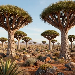 Lively landscape of a socotra island filled with socotra dragon trees, realistic detailed digital art by Maxwell Boas Jessica Rossier Christian Dimitrov Anton Fadeev trending on Artstation CGSociety rendered in Unreal Engine 4k HQ