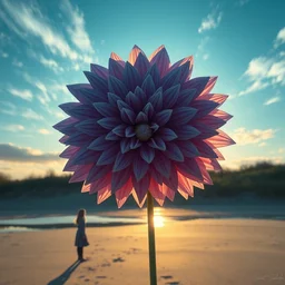 closeup huge dahlia flower head, girl standing on beach, surreal photography, blue sky, sunrise, dramatic light, impressionist painting, digital painting, artstation, simon stalenhag