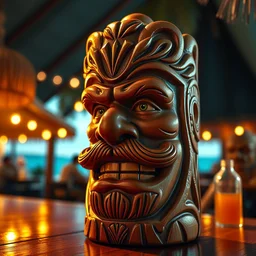 a closeup photorealistic photograph of ben grimm's face on a tiki mug at trader vic's beach bar. fantastic four. tiki culture. bright scene. fine detail. this 4 k hd image is trending on artstation, featured on behance, well - rendered, extra crisp, features intricate detail, epic composition and the style of unreal engine.