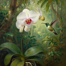 painting of an miltoniopsis orchid and a hummingbird in front of a jungle landscape by martin johnson heade