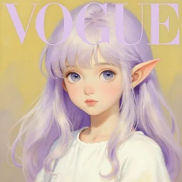 little elf girl, tunic, soft hair. light color palate, purple, yellow and white. detailed soft painting, ayami kojima, made in abyss, anatomically correct, inspired in balthus, high detailed face anime, vogue magazine, glorious composition