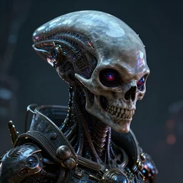 futuristic steampunk alien portrait, nightmare halloween themed, hyper realistic shiny textures 8 k, skull, cyberpunk, elongated head, intricate details, fluorescent glow, science fiction space horror, unreal engine, dark, heavy shading, depth of field
