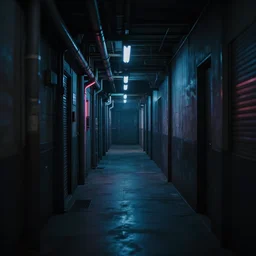 a view of a dark corridor with cyberpunk neon lights, depth of field photo by yi insang, unsplash, video art, 8 k wallpaper, cinematic view