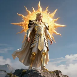 A celestial god, wearing the armor of 100 suns standing on a mountain, cinematic, dynamic lighting, photorealistic, fantasy concept art, ultra detailed, stunning visuals