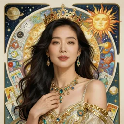 sandra oh portrait by louis - theophile hingre and alphonse mucha, realistic, sharp focus, zodiac signs, tarot cards, planets, ethereal, art nouveau, magic, moon, sun, crown, dreamy, royal, jewellery
