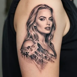 double exposure tattoo design sketch of beautiful margot robbie in the shape of beautiful mountains, in the style of matteo pasqualin, amazing detail
