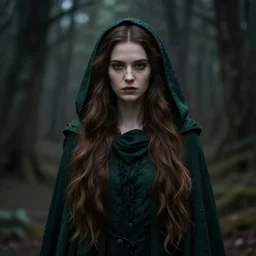 an ethereal high witch with long beautiful brown hair, in a dark green cowl, dark aesthetic