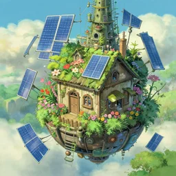 studio ghibli, flowery cottage, in a flying city, solar, green technology, optimist future by asher durand.