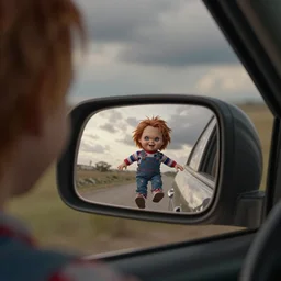 rear view mirror with tiny screaming chucky doll running