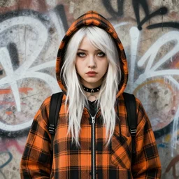 highly detailed portrait of a sewer punk lady student, tartan hoodie, white hair by atey ghailan, by greg rutkowski, by greg tocchini, by james gilleard, by joe fenton, by kaethe butcher, gradient, orange, black, brown and cream color scheme, grunge aesthetic!!! white graffiti tag wall background