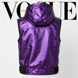 photo from fashion magazine vogue, backside of a glossy purple metallic steam punk hooded vest jacket with golden metallic belts and buttons and chains, big collar, big shoulder polster, very detailed, elaborate, purple neon light, soft white light from front - w 1 0 2 4 - h 1 0 2 4
