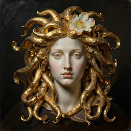 sculpture of medusa by hieronymus bosch, shiny glossy gold copper metallic spiky crown, bloom lucid dream - like ethereal dark atmosphere, baroque portrait painting, perfect composition, beautiful intricate detailed octane render trending on artstation, 8 k artistic photography, volumetric cinematic perfect light, chiaroscuro, masterpiece, raphael, caravaggio, rutkowski, beksinski