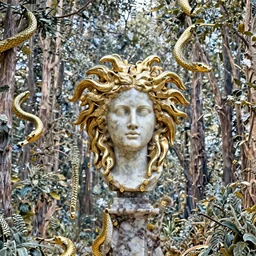 a marble and gold bust of medusa on an onyx pedastal, golden snakes dripping gold, forest in background, 4k, trending on artstation, photorealistic, volumetric lighting, octane render,