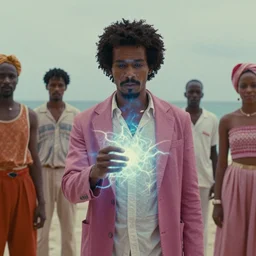 a somali man with curly hair, in a movie still by wes anderson of a beautiful day on an island, visible magic energy, dream high fashion costumes, cinestill 8 0 0 t eastmancolor, high quality, heavy grain
