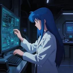 in the style of cyberpunk late 8 0's dark moody anime movie still : : dystopian hall art : : long blue haired science girl researcher : : somber far future lab background interior : : calm studying cyber board