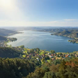 portrait of a vast lake surrounded by villages and woodland, highly detailed, sunny, blue sky, cinematic lighting, high angle, godrays, volumetric, photorealistic, digital art painting by greg rutkowski
