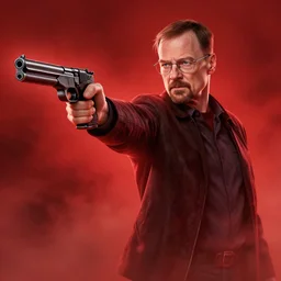 walter white coming out of a red mist pointing a deagle gun at me, epic, trending on artstation, profile pic, centered, accurate anatomy, highly detailed, digital art,