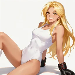 An athletic tall blonde woman with a winning and radiant smile, long blonde hair, wearing a pure white one-piece swimsuit and leather fighting gloves. Leaning back, reclining pose. Fighting shonen anime, digital painting by WLOP