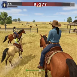 horse riding simulator game gameplay, set in 1 8 3 7 old west featuring african american cowboys and cowgirls