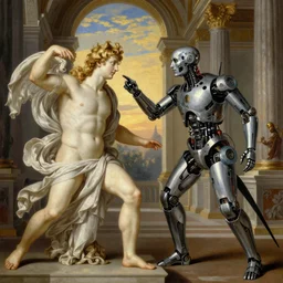 beautiful painting of Apollo and Ganymede with long curly blond hair, full borg cybernetics, in the imperial palace at golden hour, inspecting each other’s machinery, by Peter Paul Rubens and Norman Rockwell