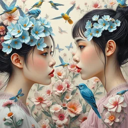 breathtaking detailed concept art painting portrait in pastel colors of girls looks each other by hsiao - ron cheng with light blue flowers and birds in carroty hair, weird background with bizarre compositions blend of flowers and birds, exquisite detail, 8 k