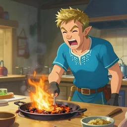 gordon ramsey yelling at link from zelda for cooking burnt food in the style of breath of the wild, artstation, krenz cushart, makoto shinkai