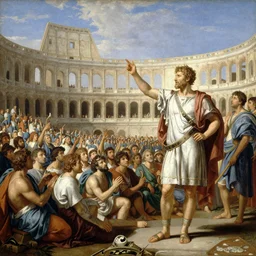 an awe - inspiring raphael lacoste and noah bradley landscape painting of a roman senator orating to a massive crowd in the colliseum