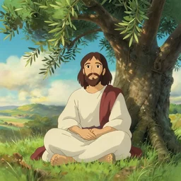 jesus of nazareth sitting under an olive tree in the style of studio ghibli, full color, highly detailed