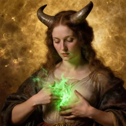 a closeup portrait of a horned woman, opening her chest, casting green into a flame, in a heart nebula, heart nebula, golden hour, by jan van eyck