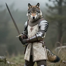 photograph of a medieval warrior from koingation with wolf ears and a wolf tail, holding an arming sword wearing light leather armor