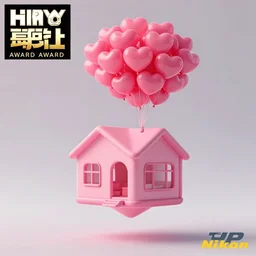 a 5 0 mm lens photograph of a cute pink floating modern house in the air, held in by very tiny heart shaped vibrant ballons, inspired by the movie up. mist, playful composition canon, nikon, award winning, photo of the year
