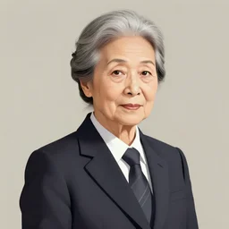 portrait of an elderly Japanese woman dressed on a suit and tie, her gray hair in a tight bun, a serious expression on her face, digital art, elegant pose, illustration