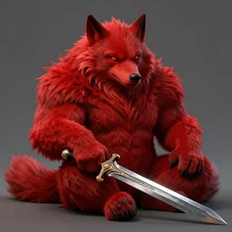 cute handsome cuddly burly surly relaxed calm timid werewolf from van helsing holding a sword unreal engine hyperreallistic render 8k character concept art masterpiece screenshot from the video game the Elder Scrolls V: Skyrim deep vibrant scarlet crimson red