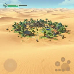 gameplay walkthrough 3 rd person adventure game spiritual alien village in lush oasis of a vast flat empty sand desert with dunes, screenshot, final fantasy, square enix, jrpg, unreal engine, next gen graphics, rtx, cutscene, path tracing, high fidelity