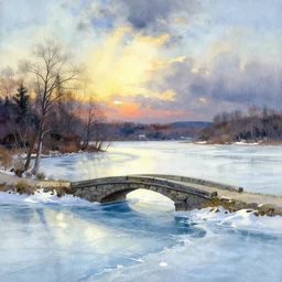 panorama gouache watercolor of frozen lake, stone bridge, art by anders zorn, wonderful masterpiece by greg rutkowski, beautiful cinematic light, american romanticism by greg manchess and ghibli studio, creation by tyler edlin