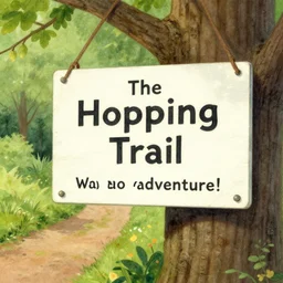 A sign nailed to a tree next to the path which reads: The Hopping Trail. This way to adventure! illustration by Beatrix Potter